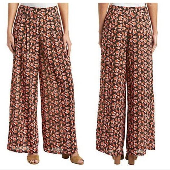 Flying Tomato Pants - Flying Tomato Rust Leaf Palazzo Printed Pants High Rise Wide Leg - Size Large